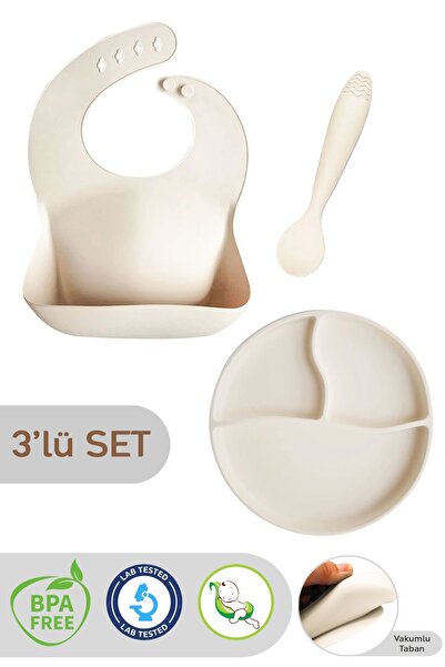 Meleni Baby 3'lü Silikon Beslenme Seti - Silikon Mama Önlüğü, Vakumlu Tabak, Diş Kaşıyıcılı Kaşık, Bej