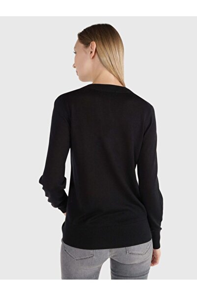 Tommy Hilfiger Kadın V yaka Uzun Kollu Siyah Kazak WW0WW40665-BDS