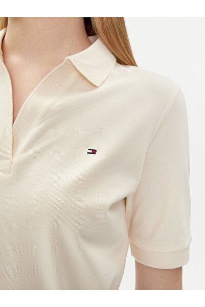 Tommy Hilfiger Kadın Pamuklu Polo Yakalı Rahat Kesim Günlük Kullanıma Uygun Bej Elbise WW0WW41278-AEF