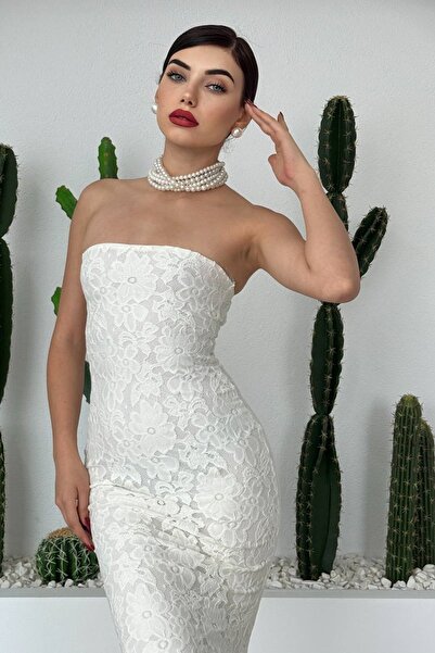 lovebox Bílé krajkové midi večerní šaty bez ramínek - podšité, dámské, 268