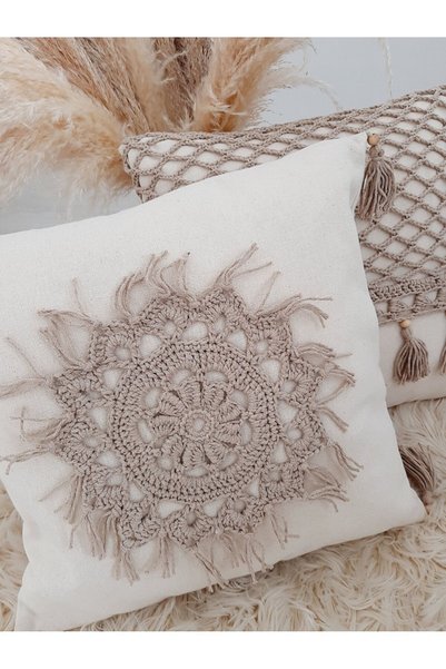 ZÜMAL Macrame Knitted Linen Decorative Throw Pillow Cover Single - Pillow 43x43 Cm (Color Mink)