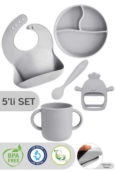 Meleni Baby 5'li Set Silikon Mama Önlüğü, Kulplu Bardak, Vakumlu Tabak, Mama ...