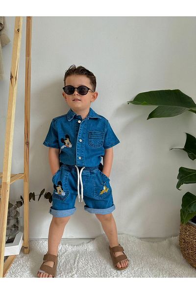 BERFONZO KIDS Boy's Denim Embroidery Detail Summer Double Suit (Shorts Shirt)