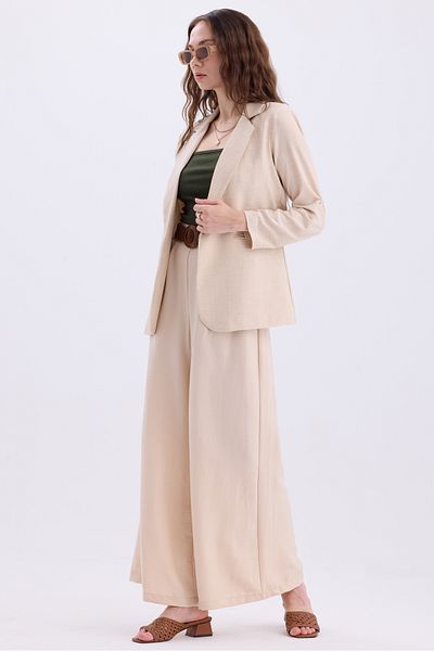 MD trend Linen Set - Foldable Sleeve Blazer Jacket and Wide Leg Trousers