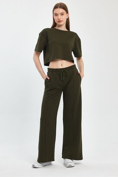 Penyelux Kadın Haki Cepli Beli Lastikli Paçası Bol 2 İpli Kumaş Palazzo Pantolon