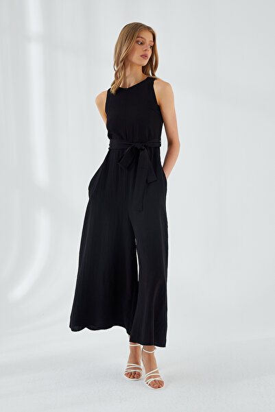 Mixray 4530 Women's Black Loose Wide Leg Linen Jumpsuit