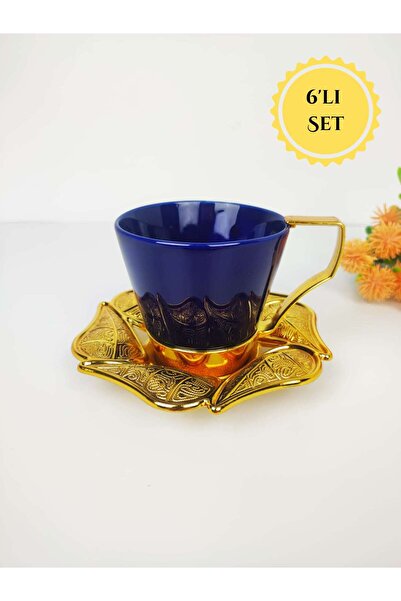 İnova Home Decor Azra Gold-Mavi Porselen Büyük Çay – Neskafe Fincan Takımı – ...