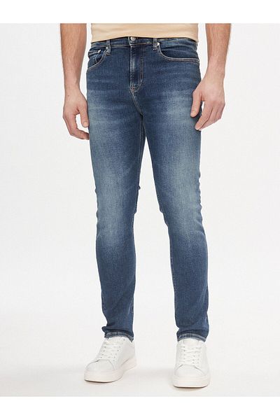 Calvin Klein Men's Regular Waisted Cotton Logo Patterned Blue Jeans J30J324198-1BJ