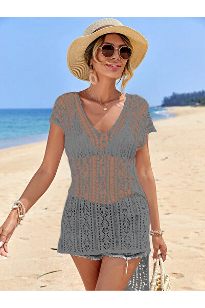 AQE FASHION Μακρυμάνικο γκρι πλεκτό φόρεμα παραλίας με λεπτομέρεια από διχτυωτό λαιμό - Πλεκτό μπλούζα στην πλάτη