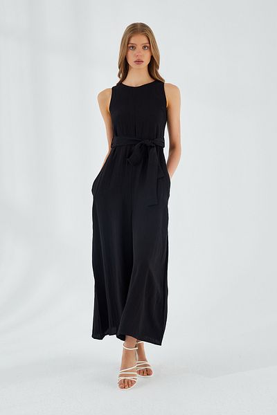 Mixray 4530 Women's Black Loose Wide Leg Linen Jumpsuit