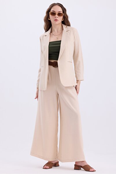 MD trend Linen Set - Foldable Sleeve Blazer Jacket and Wide Leg Trousers