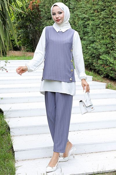Bestenur Gray Derla Striped 3-Piece Set - 929
