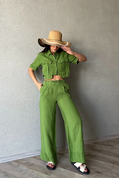 Seda Yalçın Atelier Premium Linen Green Trousers - Elastic Waist