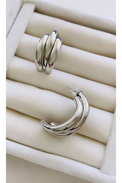 VNS Accessories Steel Triple Curved Half Hoop Earrings (3 cm)