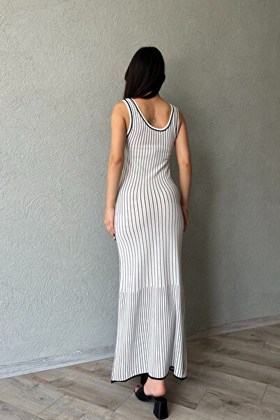 Seda Yalçın Atelier Ecru Vertical Striped Thick Strap Knitted Dress