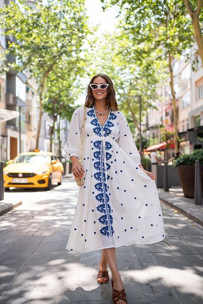 Ateilerdijle White Crinkle Embroidered V-Neck Dress