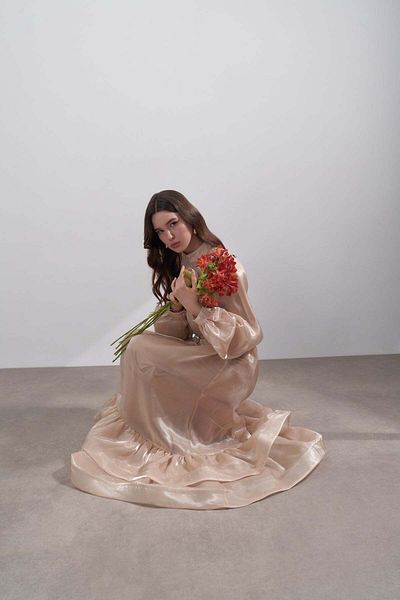 FUSHYA Shiny Chiffon Evening Dress - Flower Detailed Dress