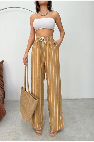 Know Nerzfarbene, gestreifte Hose mit weitem Bein und elastischer Taille im Denim-Look