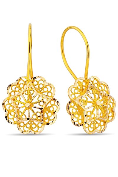 Çgk Çiğdem Gürel Kuyumculuk 14 Ayar Altın Gül Model İşlemeli Sallantılı Küpe