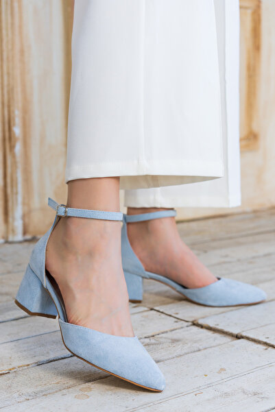 EREYBEE EREYBE -Bebek mavi Brit kısa kalın topuklu süet ayakkabı