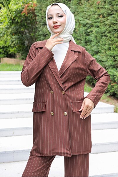Bestenur 928 Model Striped Jacket and Trousers Set - Brown