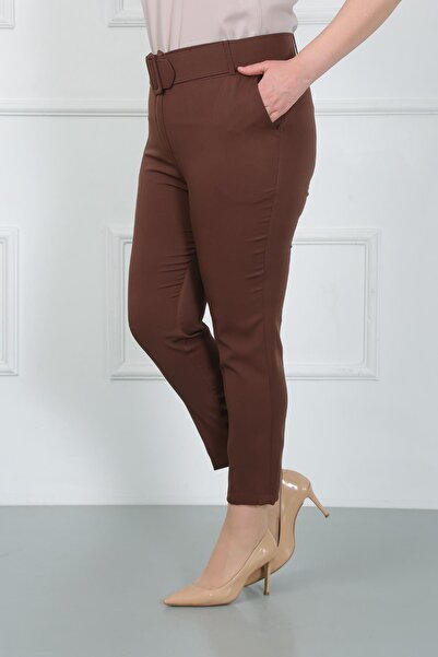 By Alba Collection Women's Brown Thick Belted Dumbbell Plus Size Trousers