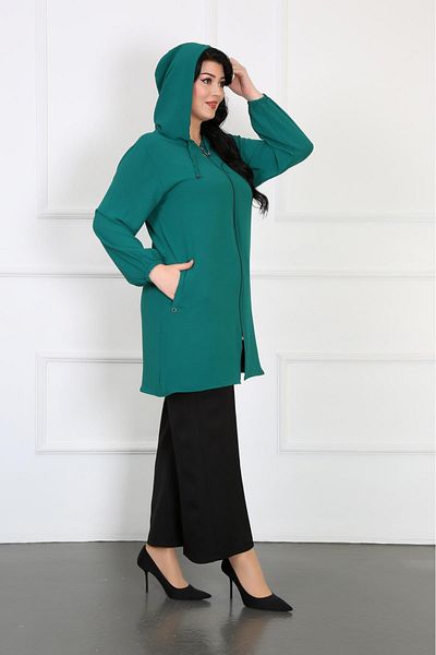 By Alba Collection Women's Imported Ayrobin Fabric Large Size Hooded Cardigan Emerald Green