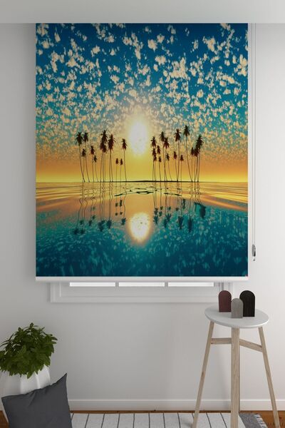 ZÜPER TEKSTİL Stor Perde Ada Güneş Palmiye Manzara Desenli Salon & Oturma Oda...