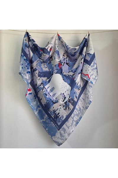 POZİTİF MRK Gray Scarf Silky Design Gray Elephant Patterned Blue Gray White 105cmx105cm