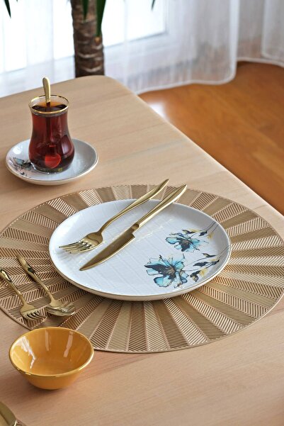 Glore Asya Blue Flower Altın Yaldızlı 32 Parça 6 Kişilik Seramik Kahvaltı Takımı