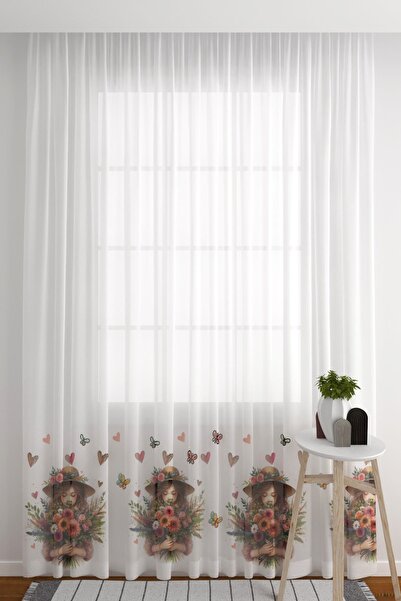 ZÜPER TEKSTİL Tül Perde Seyrek Pile (1 X 2) Kalp Kelebek Kız Figürlü Desenli ...