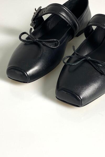 5in1Canpolat Square Toe Black Ballerinas - With Buckle
