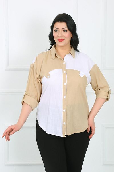 By Alba Collection Дамска риза за големи размери - бяла ленена норка