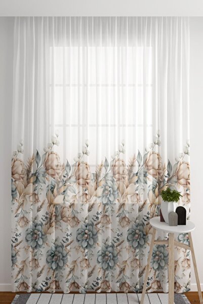 ZÜPER TEKSTİL Tül Perde Seyrek Pile (1 X 2) Gold ve Mavi Çiçek Desenli Salon ...