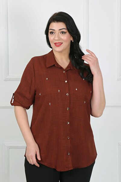 By Alba Collection Γυναικείο πουκάμισο Tan Stone Soft Linen Plus Size