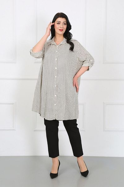 By Alba Collection Women's White Patterned Cotton Viscose Large Size Tunic