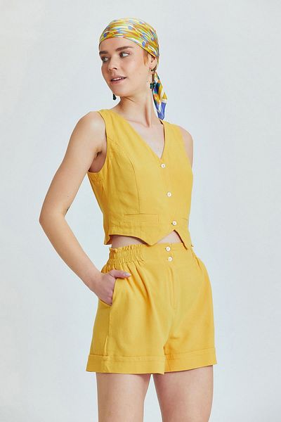 Clandestino Mustard Color V Neck Sleeveless Bohemian Vest - Classic Fit