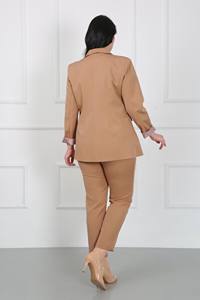 By Alba Collection Women's Tan Elastic Waist Dumbbell Fabric Large Size Pants