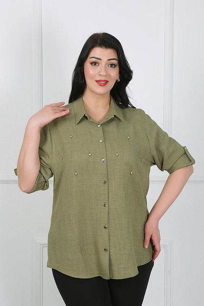 By Alba Collection Women's Khaki Jewelled Soft Linen Plus Size Shirt