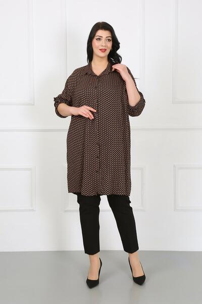 By Alba Collection Plus Size Women's Tunic - Tan Patterned, Cotton Viscose