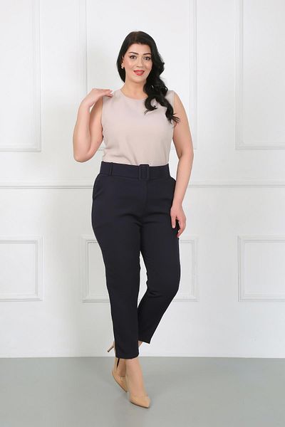 By Alba Collection Women's Navy Blue Thick Belted Dumbbell Large Size Pants