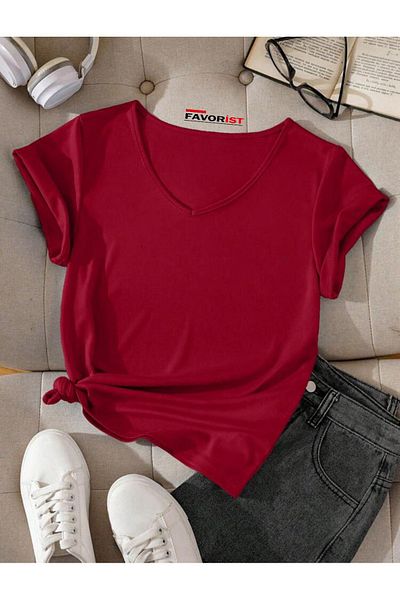 FAVORİST V-Neck Basic Cotton Wear Out T-shirt - Plain Pattern