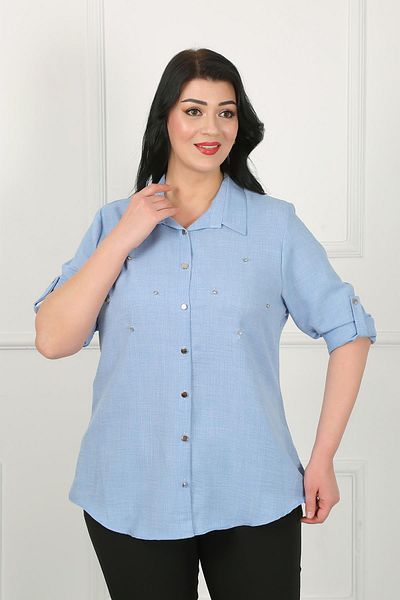 By Alba Collection Γυναικείο πουκάμισο Indigo Stoned Soft Linen Plus Size