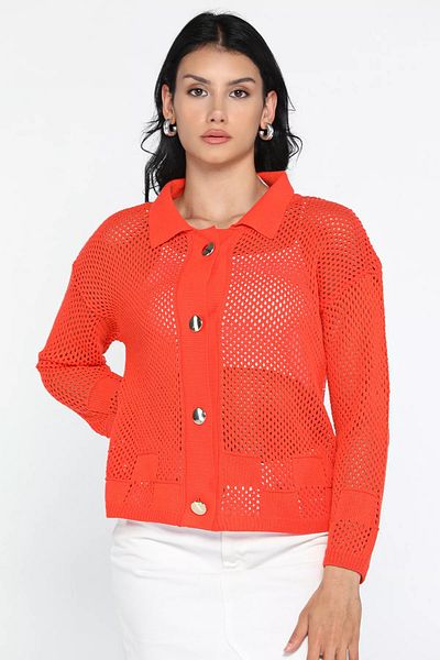 GÜLSELİ Orange Gold Button Detailed Openwork Women's Knitwear Cardigan
