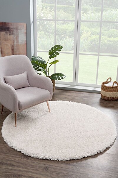 Eryün Halı Beyaz Yumuşak Post Peluş Shaggy Dokuma Çocuk Odası Oturma Odası Salon Mutfak Halısı (YUVARLAK)