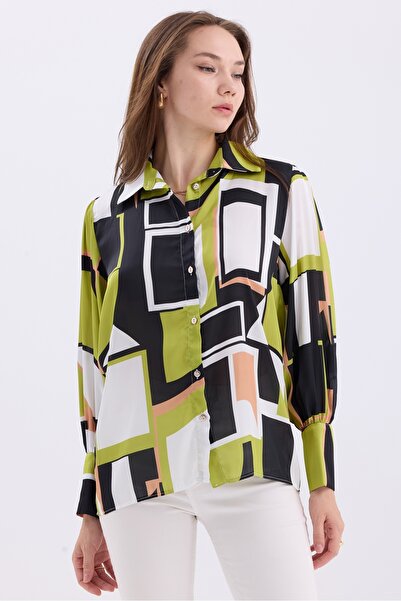 MD trend Geometric Patterned Oversize Satin Women's Shirt - Balloon Sleeve and Shoulder Shir Detail