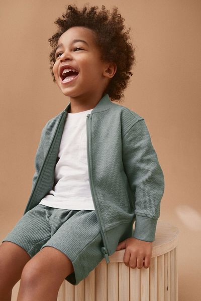 Next Baby Sea Blue Cotton Long Sleeve Zippered Jacket and Shorts Set