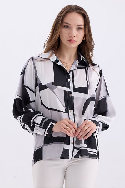 MD trend Cămașă de damă din satin supradimensionat cu modele geometrice - Detaliu cu mânecă cu balon și pe umeri