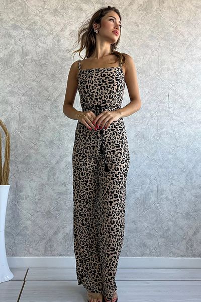 GÜLSELİ Leopard Patterned Adjustable Strap Elastic Waist Women's Jumpsuit
