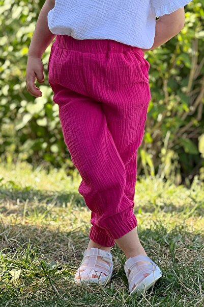 meqlife Unisex Çocuk Müslin Kumaş pantolon Cepli Pacası Latikli Pantolon Fuşya